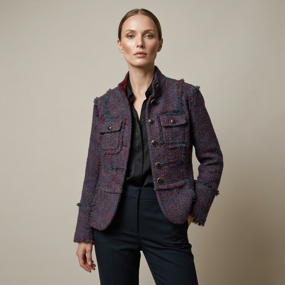 Tory Burch Burgundy Teal Tweed Frayed Trim Military Jacket Size 4 Logo Buttons